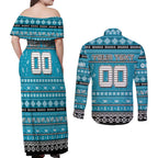 Personalized Sharks Rugby Xmas Couples Matching Off Shoulder Maxi Dress and Long Sleeve Button Shirt Australia NRL Mascot