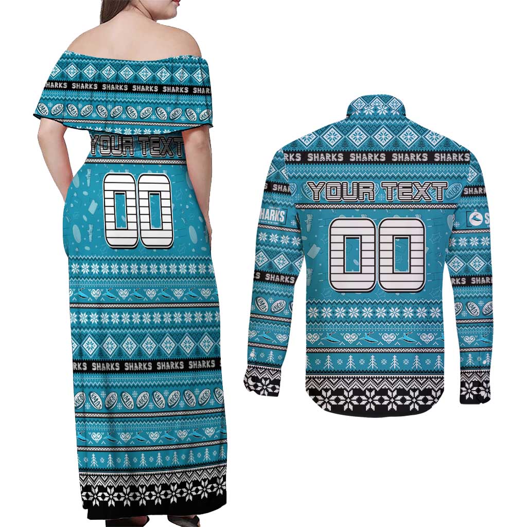 Personalized Sharks Rugby Xmas Couples Matching Off Shoulder Maxi Dress and Long Sleeve Button Shirt Australia NRL Mascot