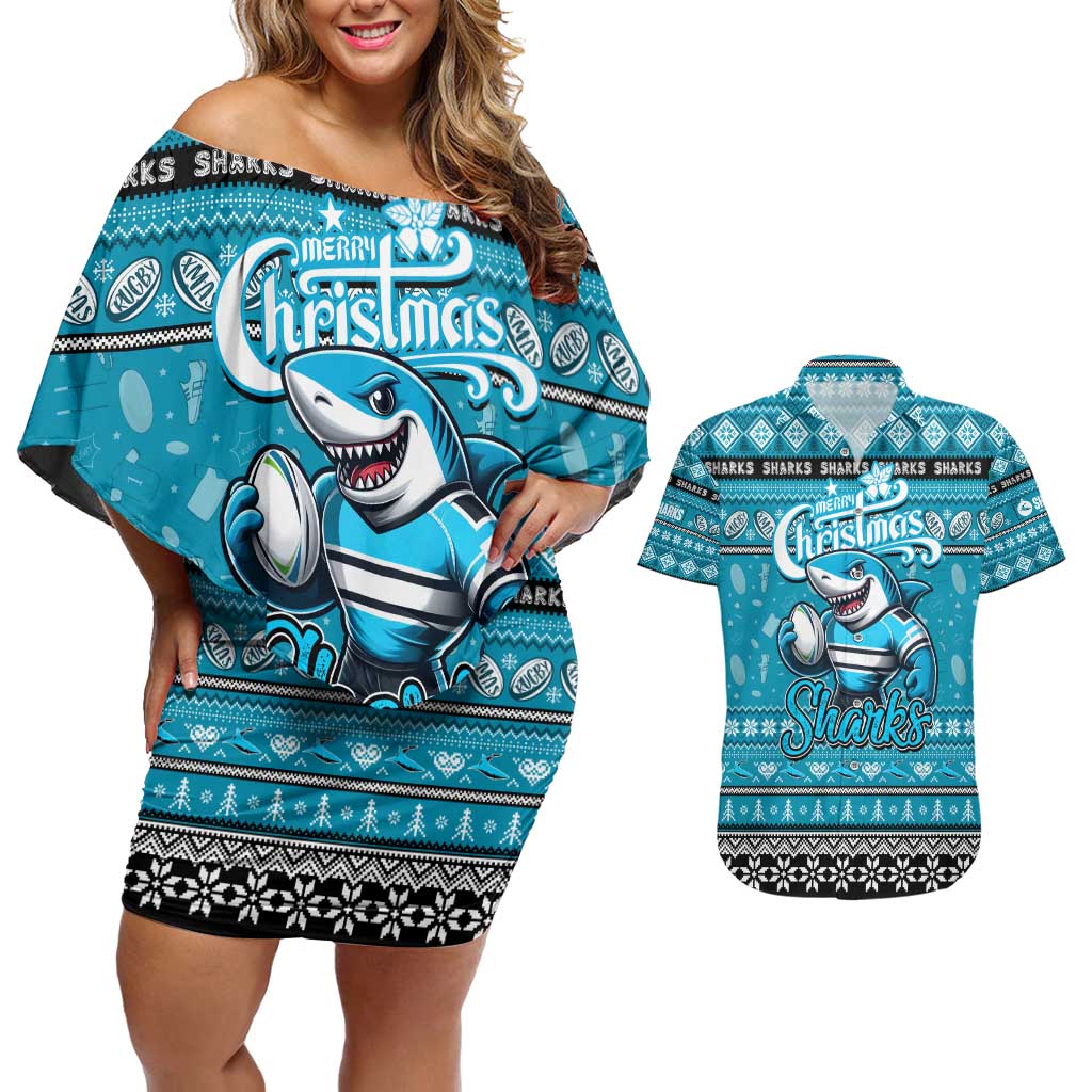 Personalized Sharks Rugby Xmas Couples Matching Off Shoulder Short Dress and Hawaiian Shirt Australia NRL Mascot
