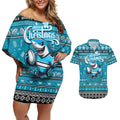 Personalized Sharks Rugby Xmas Couples Matching Off Shoulder Short Dress and Hawaiian Shirt Australia NRL Mascot