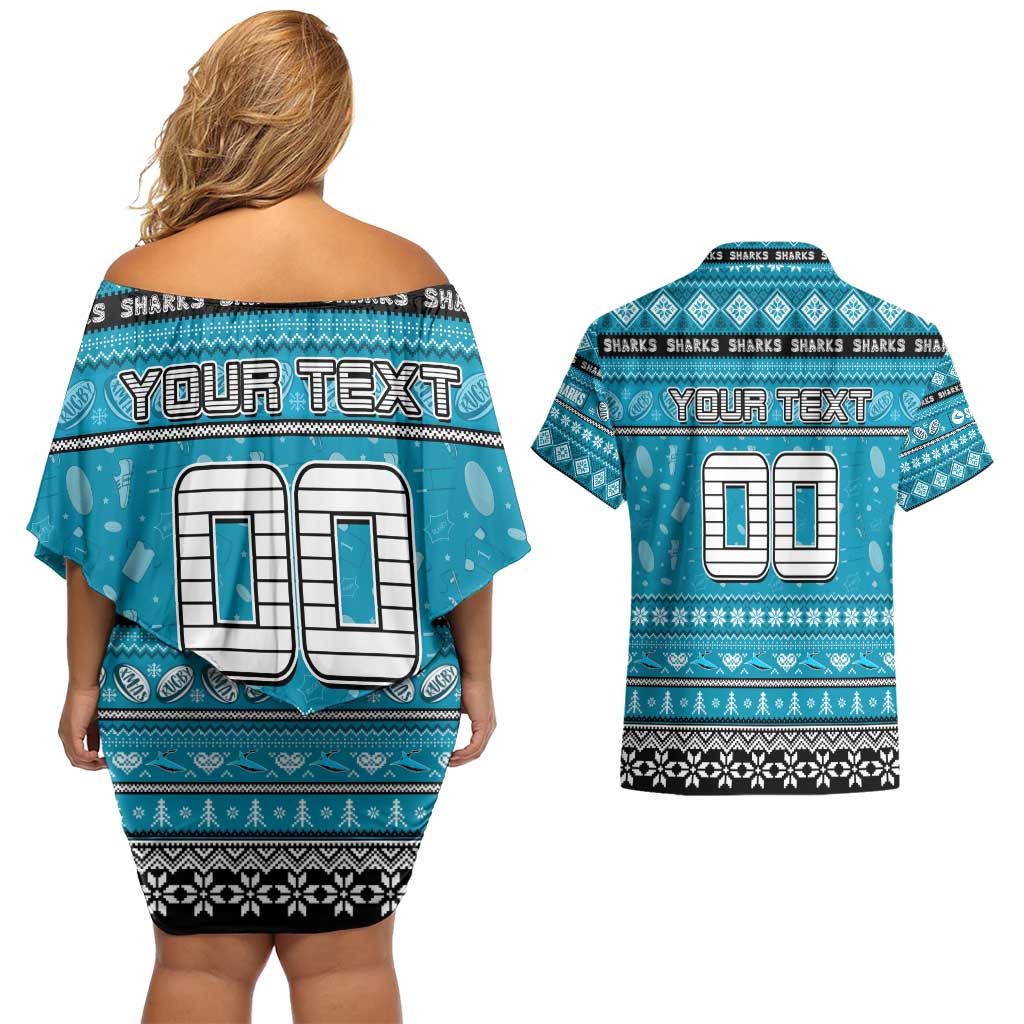 Personalized Sharks Rugby Xmas Couples Matching Off Shoulder Short Dress and Hawaiian Shirt Australia NRL Mascot