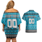 Personalized Sharks Rugby Xmas Couples Matching Off Shoulder Short Dress and Hawaiian Shirt Australia NRL Mascot