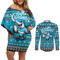 Personalized Sharks Rugby Xmas Couples Matching Off Shoulder Short Dress and Long Sleeve Button Shirt Australia NRL Mascot