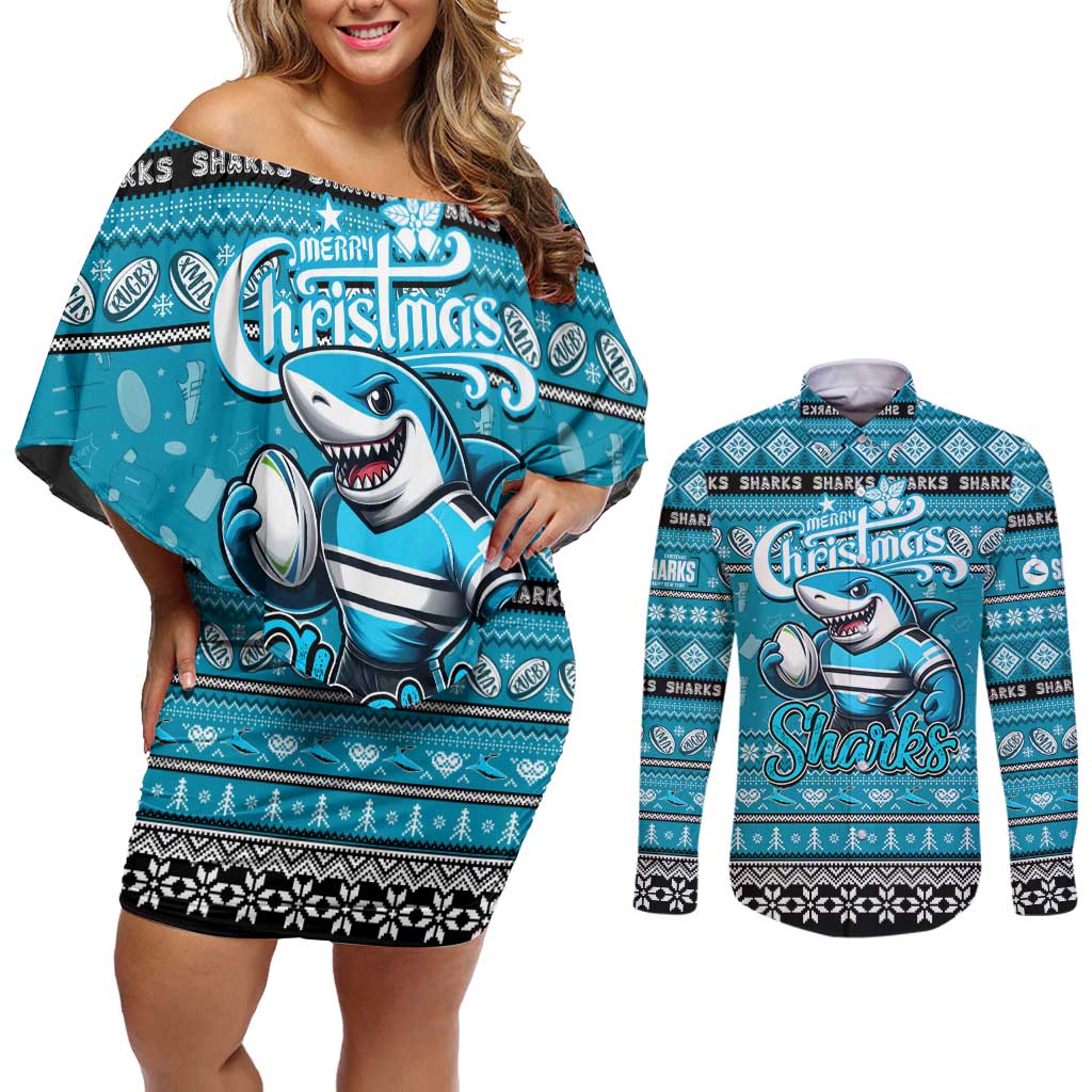 Personalized Sharks Rugby Xmas Couples Matching Off Shoulder Short Dress and Long Sleeve Button Shirt Australia NRL Mascot