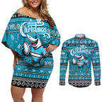Personalized Sharks Rugby Xmas Couples Matching Off Shoulder Short Dress and Long Sleeve Button Shirt Australia NRL Mascot