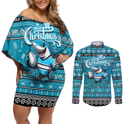 Personalized Sharks Rugby Xmas Couples Matching Off Shoulder Short Dress and Long Sleeve Button Shirt Australia NRL Mascot