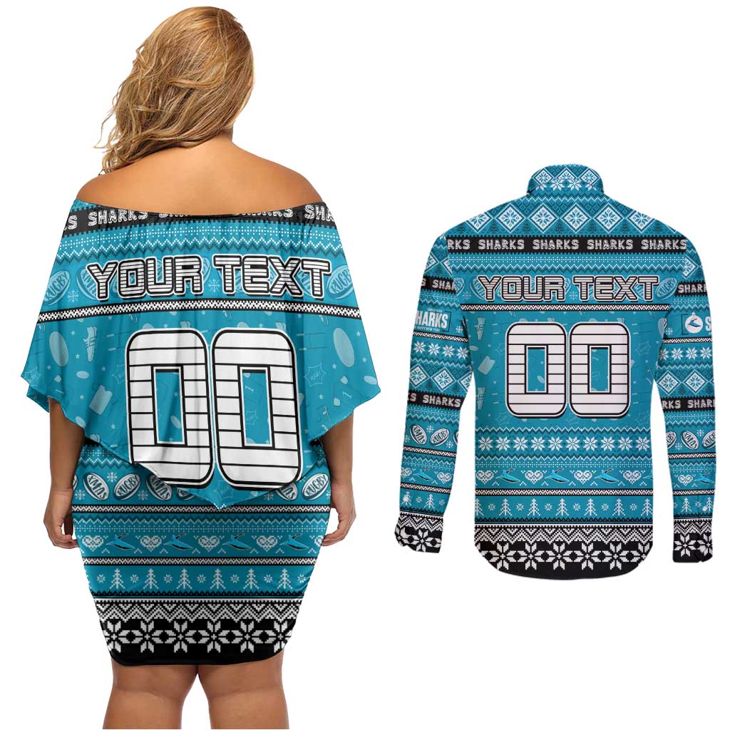 Personalized Sharks Rugby Xmas Couples Matching Off Shoulder Short Dress and Long Sleeve Button Shirt Australia NRL Mascot