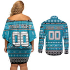 Personalized Sharks Rugby Xmas Couples Matching Off Shoulder Short Dress and Long Sleeve Button Shirt Australia NRL Mascot