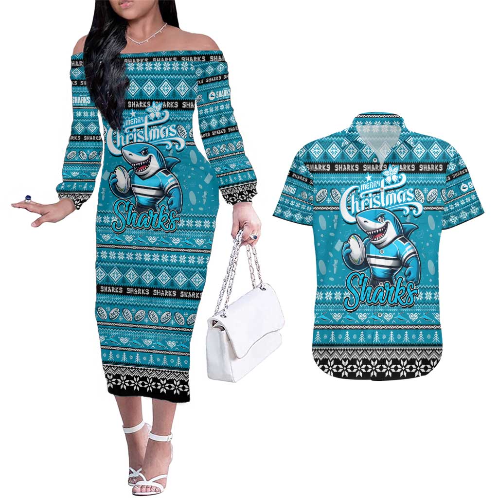 Personalized Sharks Rugby Xmas Couples Matching Off The Shoulder Long Sleeve Dress and Hawaiian Shirt Australia NRL Mascot