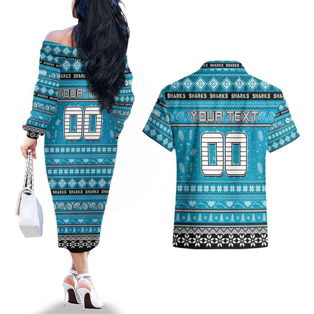 Personalized Sharks Rugby Xmas Couples Matching Off The Shoulder Long Sleeve Dress and Hawaiian Shirt Australia NRL Mascot