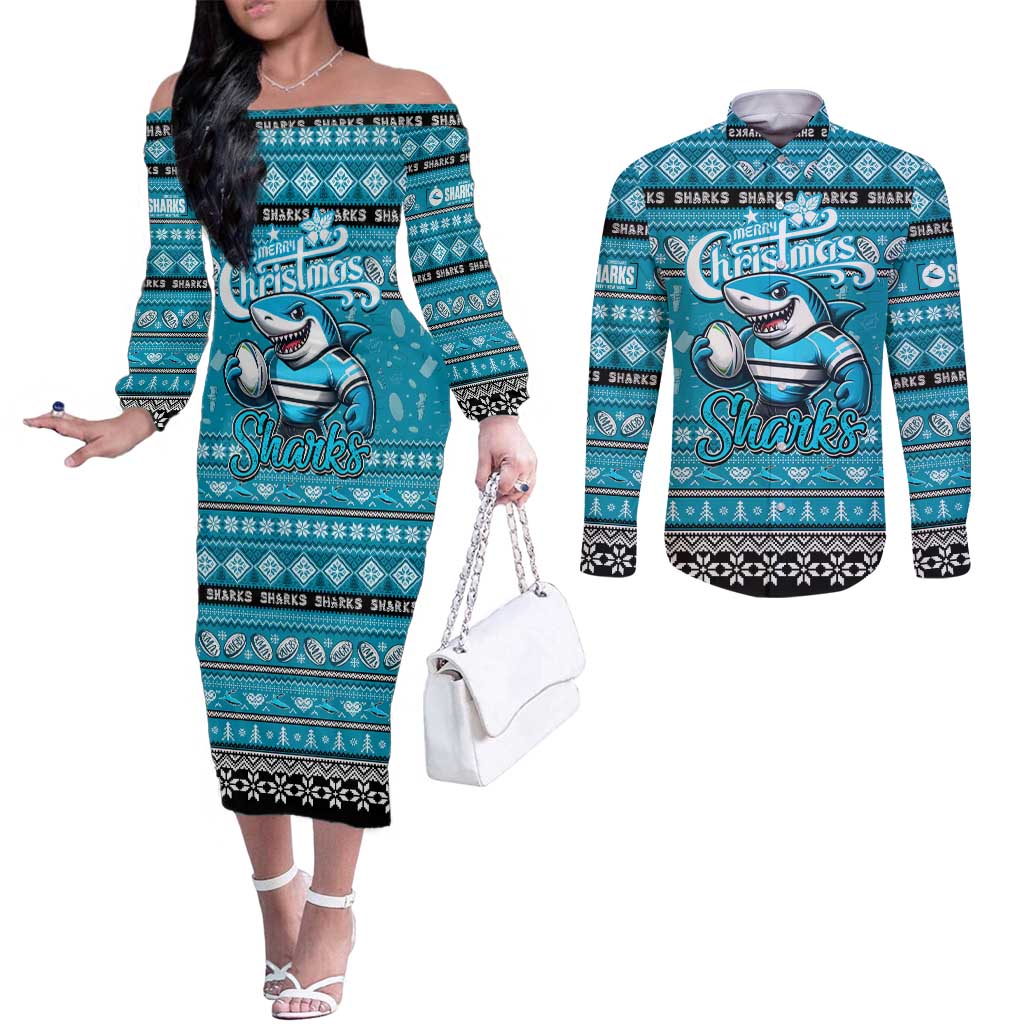 Personalized Sharks Rugby Xmas Couples Matching Off The Shoulder Long Sleeve Dress and Long Sleeve Button Shirt Australia NRL Mascot
