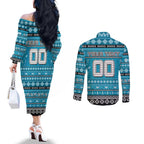 Personalized Sharks Rugby Xmas Couples Matching Off The Shoulder Long Sleeve Dress and Long Sleeve Button Shirt Australia NRL Mascot