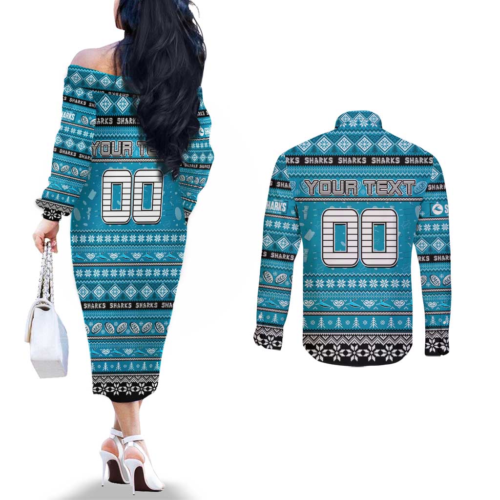 Personalized Sharks Rugby Xmas Couples Matching Off The Shoulder Long Sleeve Dress and Long Sleeve Button Shirt Australia NRL Mascot
