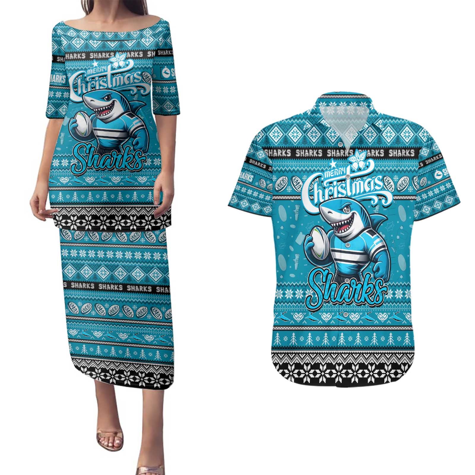 Personalized Sharks Rugby Xmas Couples Matching Puletasi and Hawaiian Shirt Australia NRL Mascot