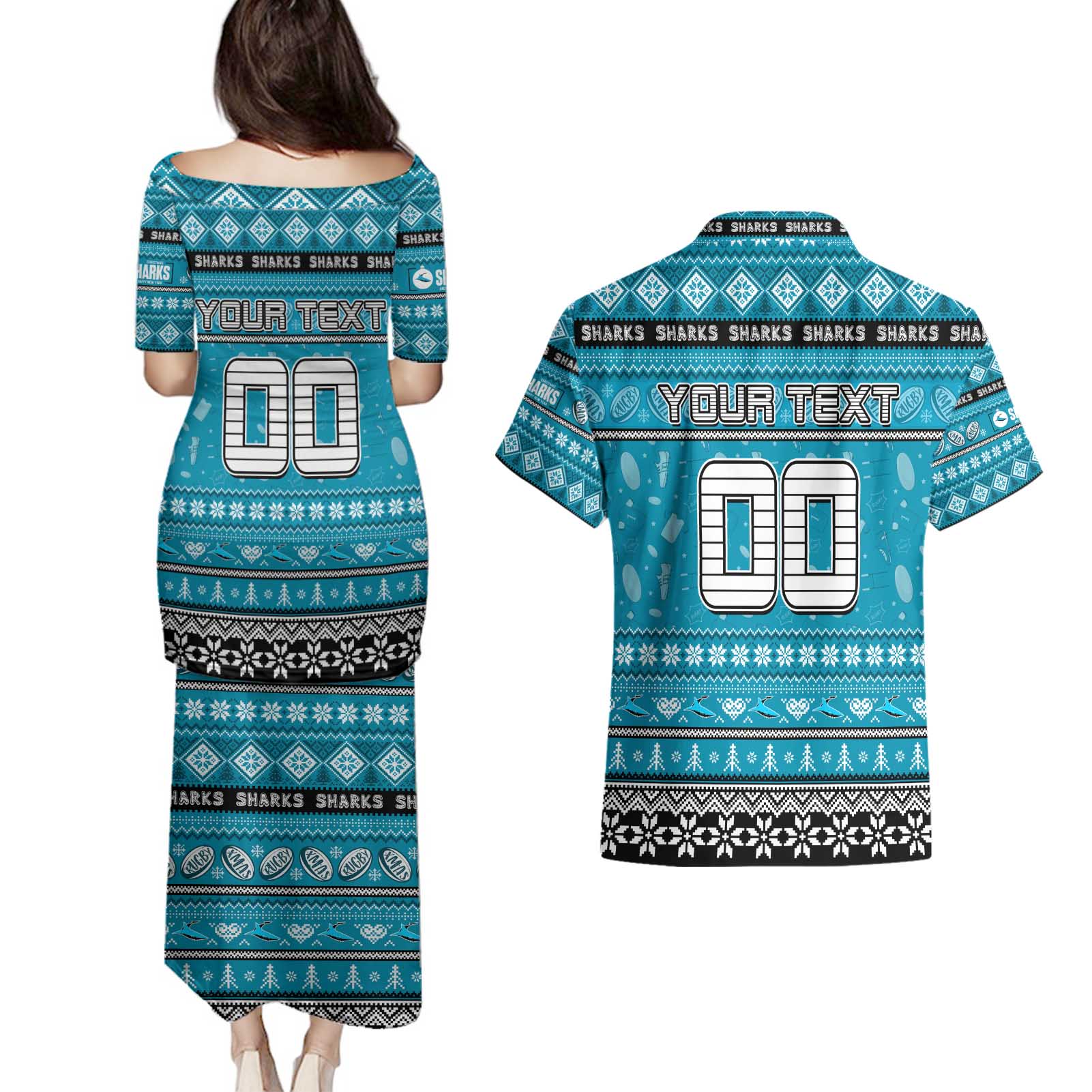 Personalized Sharks Rugby Xmas Couples Matching Puletasi and Hawaiian Shirt Australia NRL Mascot