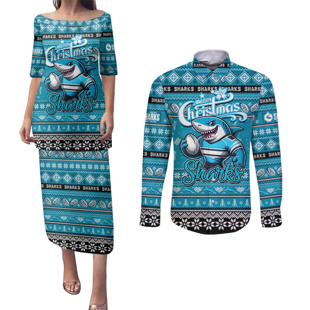 Personalized Sharks Rugby Xmas Couples Matching Puletasi and Long Sleeve Button Shirt Australia NRL Mascot