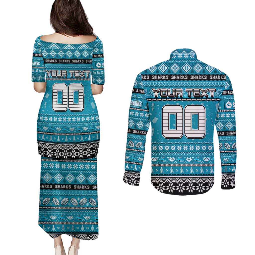 Personalized Sharks Rugby Xmas Couples Matching Puletasi and Long Sleeve Button Shirt Australia NRL Mascot