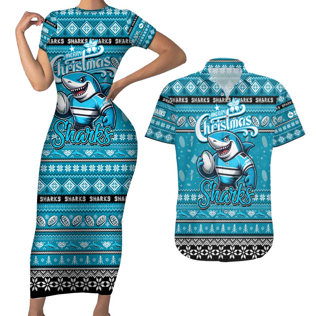 Personalized Sharks Rugby Xmas Couples Matching Short Sleeve Bodycon Dress and Hawaiian Shirt Australia NRL Mascot