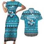 Personalized Sharks Rugby Xmas Couples Matching Short Sleeve Bodycon Dress and Hawaiian Shirt Australia NRL Mascot