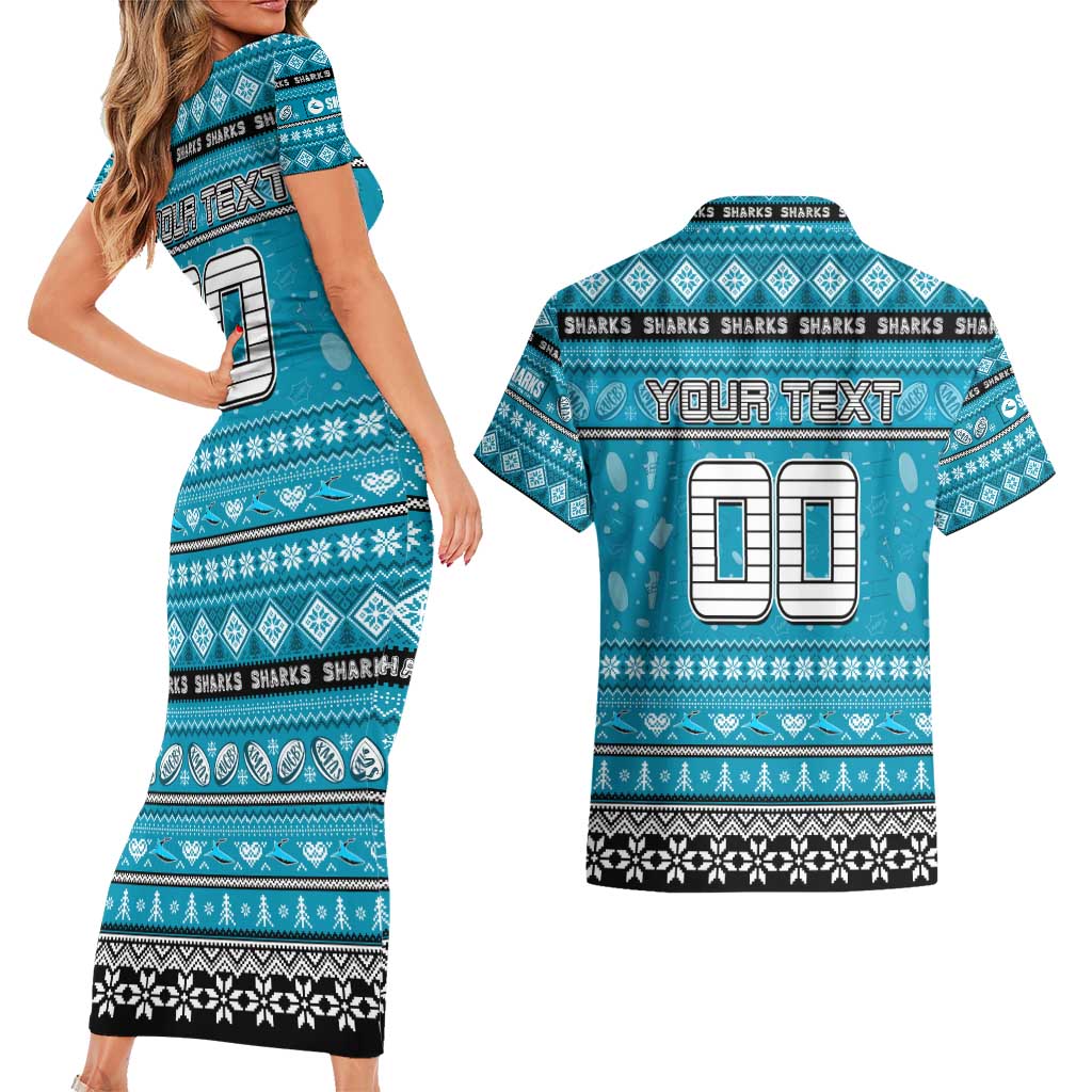 Personalized Sharks Rugby Xmas Couples Matching Short Sleeve Bodycon Dress and Hawaiian Shirt Australia NRL Mascot