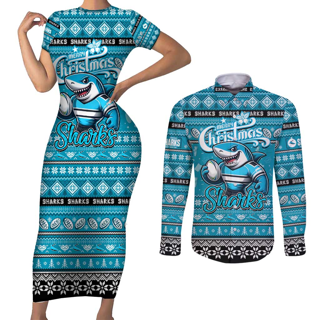 Personalized Sharks Rugby Xmas Couples Matching Short Sleeve Bodycon Dress and Long Sleeve Button Shirt Australia NRL Mascot