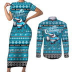 Personalized Sharks Rugby Xmas Couples Matching Short Sleeve Bodycon Dress and Long Sleeve Button Shirt Australia NRL Mascot
