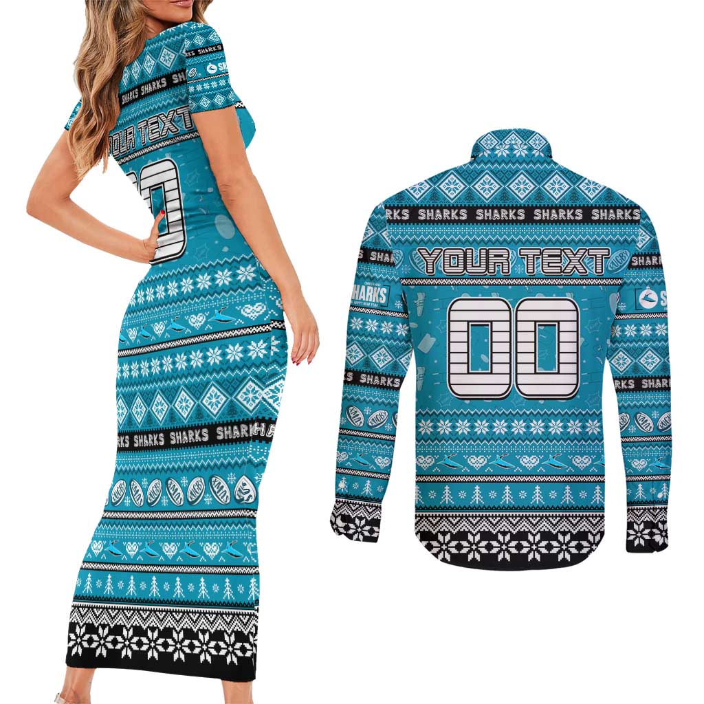 Personalized Sharks Rugby Xmas Couples Matching Short Sleeve Bodycon Dress and Long Sleeve Button Shirt Australia NRL Mascot