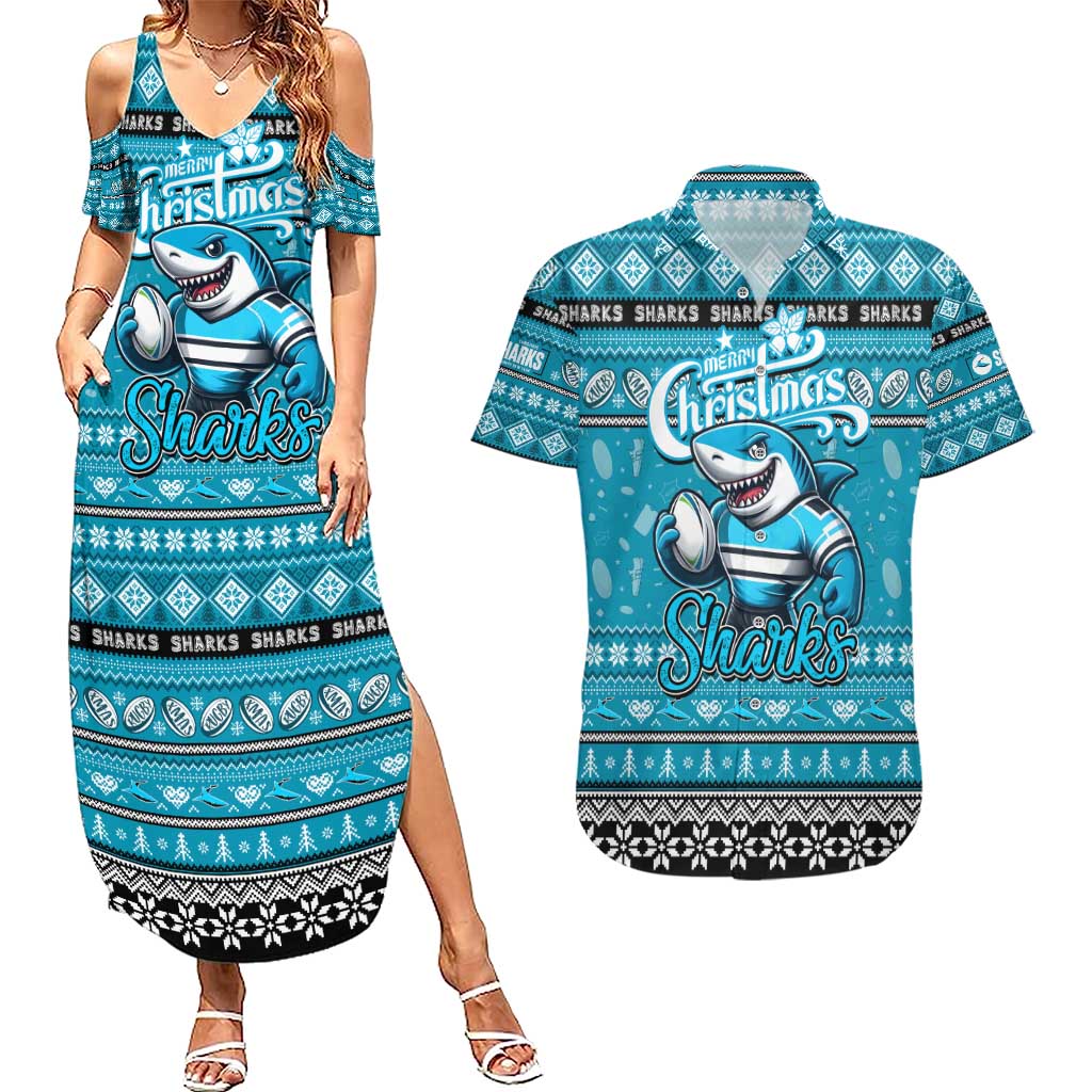 Personalized Sharks Rugby Xmas Couples Matching Summer Maxi Dress and Hawaiian Shirt Australia NRL Mascot