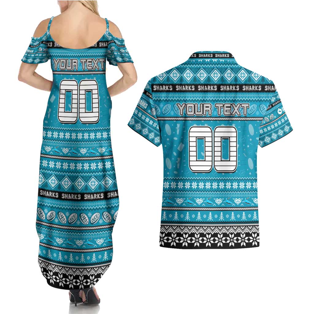 Personalized Sharks Rugby Xmas Couples Matching Summer Maxi Dress and Hawaiian Shirt Australia NRL Mascot