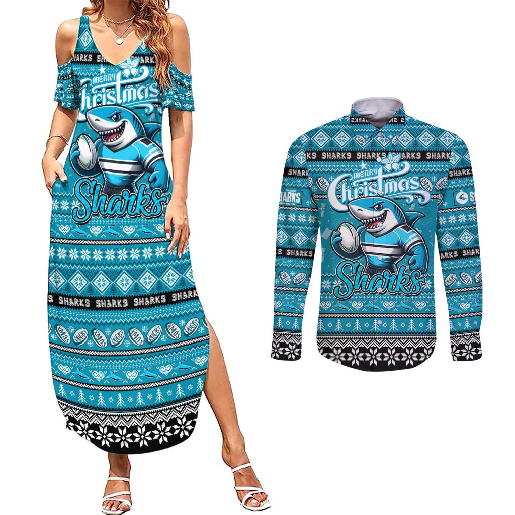 Personalized Sharks Rugby Xmas Couples Matching Summer Maxi Dress and Long Sleeve Button Shirt Australia NRL Mascot