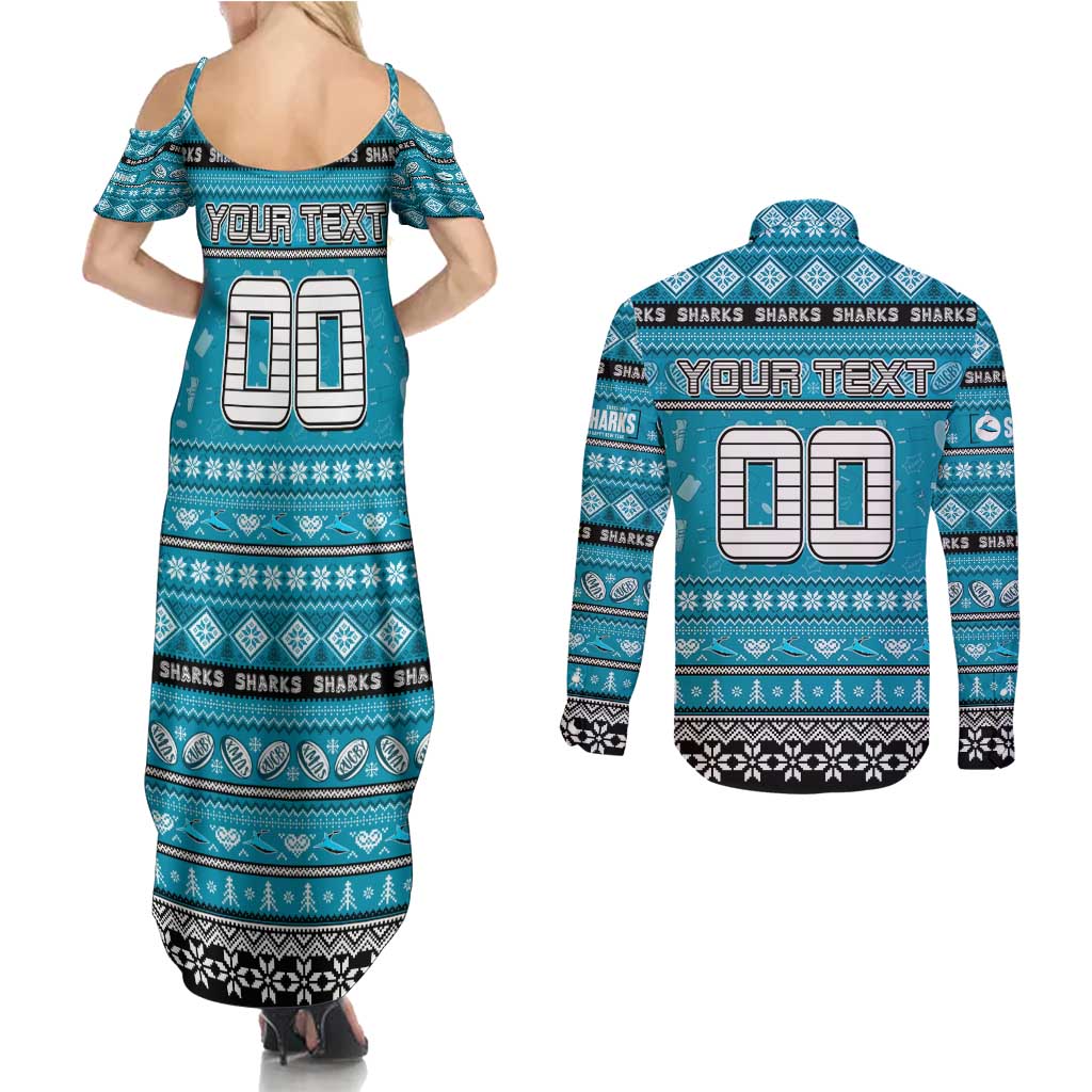 Personalized Sharks Rugby Xmas Couples Matching Summer Maxi Dress and Long Sleeve Button Shirt Australia NRL Mascot