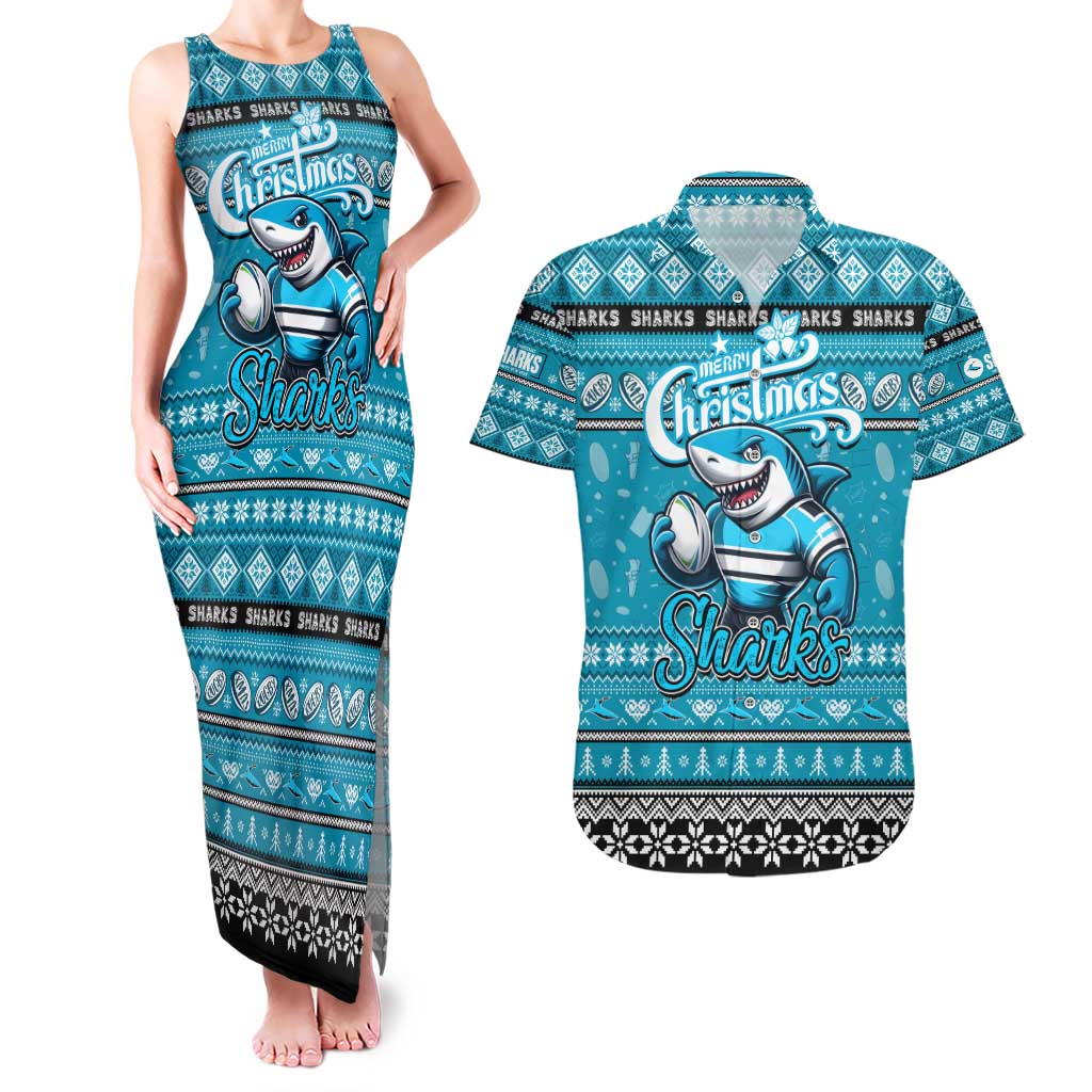 Personalized Sharks Rugby Xmas Couples Matching Tank Maxi Dress and Hawaiian Shirt Australia NRL Mascot