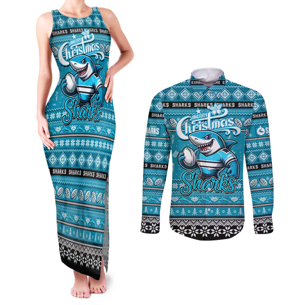 Personalized Sharks Rugby Xmas Couples Matching Tank Maxi Dress and Long Sleeve Button Shirt Australia NRL Mascot