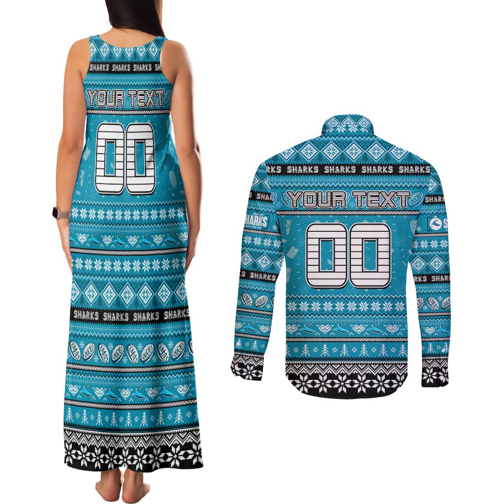 Personalized Sharks Rugby Xmas Couples Matching Tank Maxi Dress and Long Sleeve Button Shirt Australia NRL Mascot