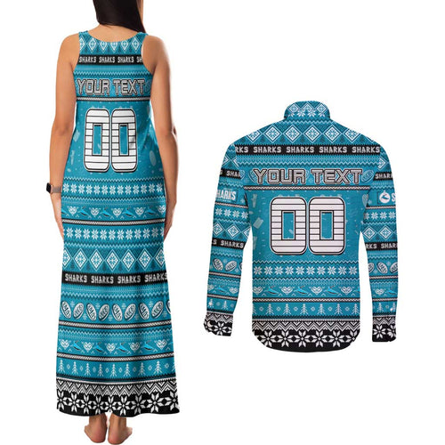 Personalized Sharks Rugby Xmas Couples Matching Tank Maxi Dress and Long Sleeve Button Shirt Australia NRL Mascot