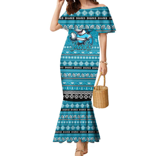 Personalized Sharks Rugby Xmas Family Matching Mermaid Dress and Hawaiian Shirt Australia NRL Mascot