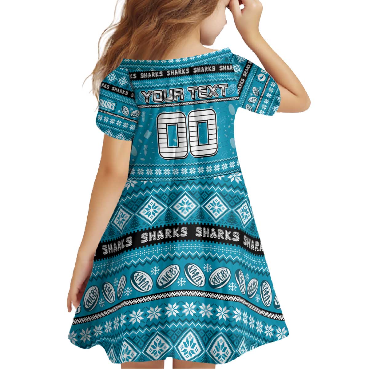 Personalized Sharks Rugby Xmas Family Matching Off The Shoulder Long Sleeve Dress and Hawaiian Shirt Australia NRL Mascot