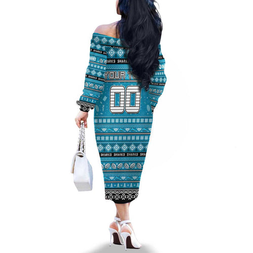 Personalized Sharks Rugby Xmas Family Matching Off The Shoulder Long Sleeve Dress and Hawaiian Shirt Australia NRL Mascot