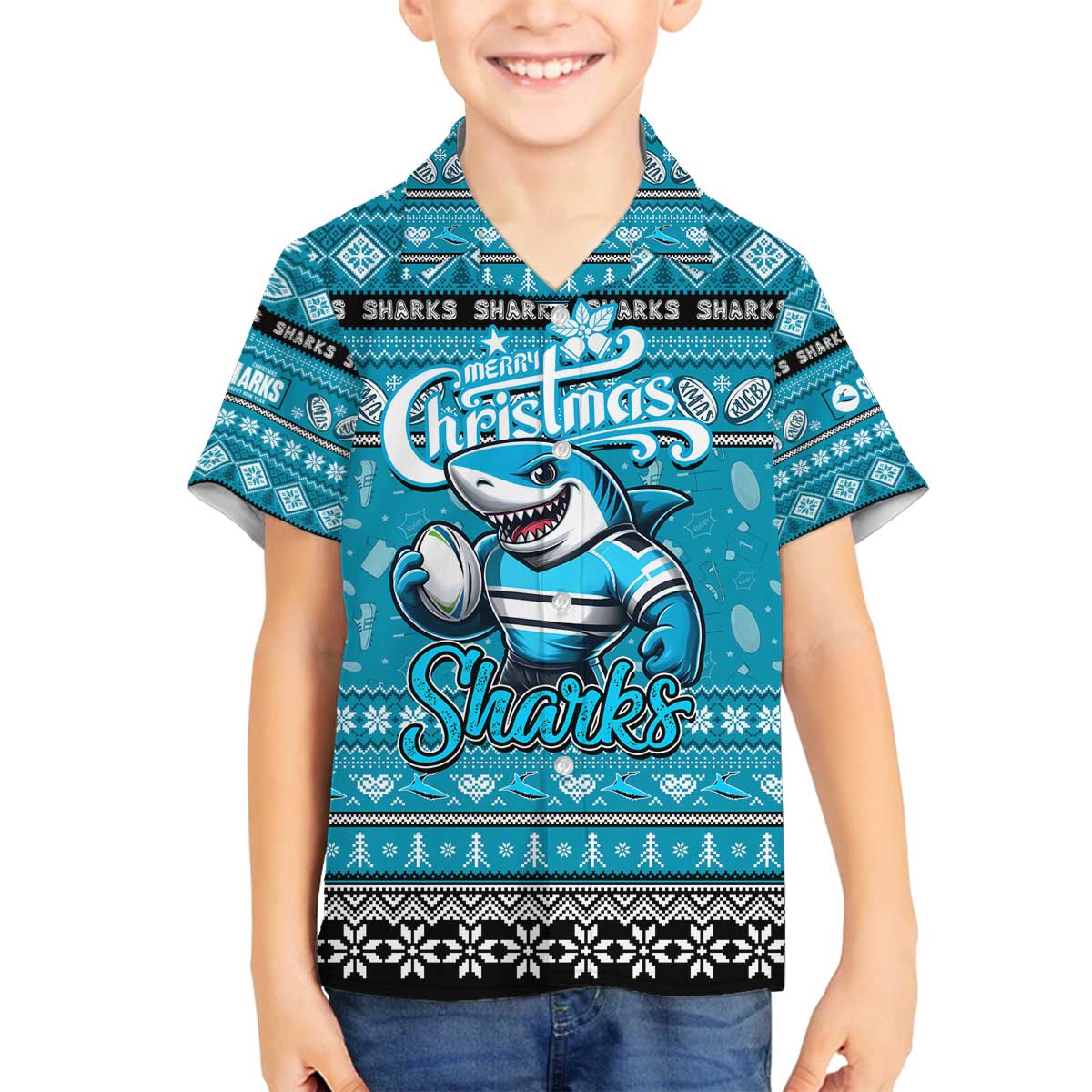 Personalized Sharks Rugby Xmas Family Matching Off The Shoulder Long Sleeve Dress and Hawaiian Shirt Australia NRL Mascot