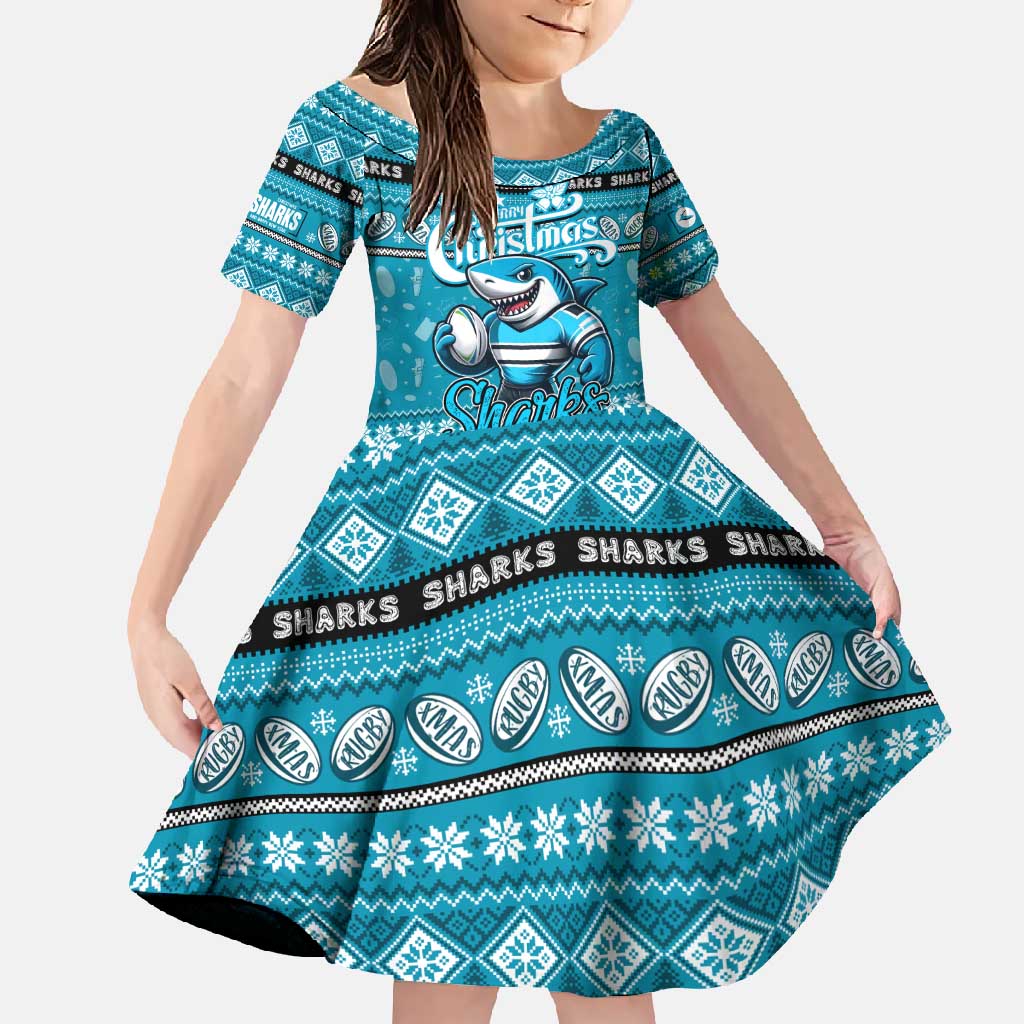 Personalized Sharks Rugby Xmas Family Matching Off Shoulder Maxi Dress and Hawaiian Shirt Australia NRL Mascot