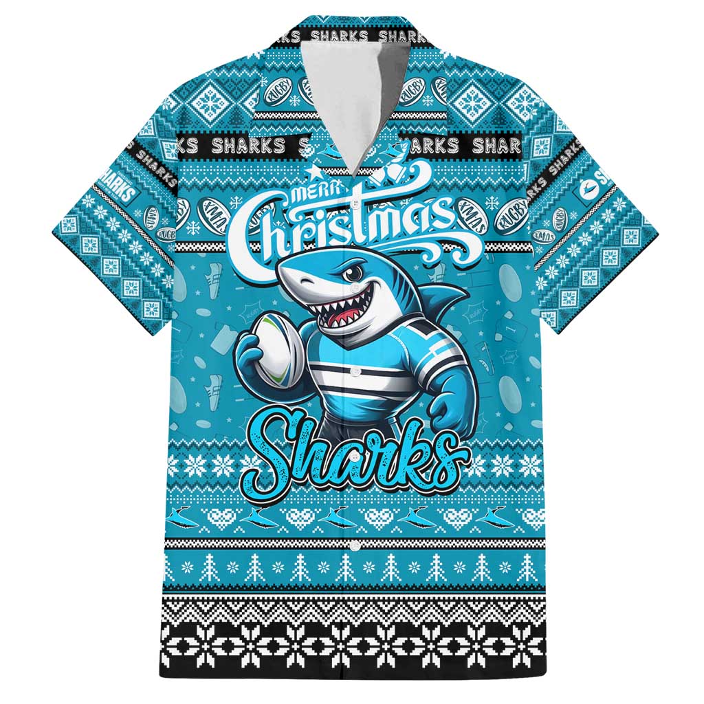Personalized Sharks Rugby Xmas Family Matching Off Shoulder Maxi Dress and Hawaiian Shirt Australia NRL Mascot