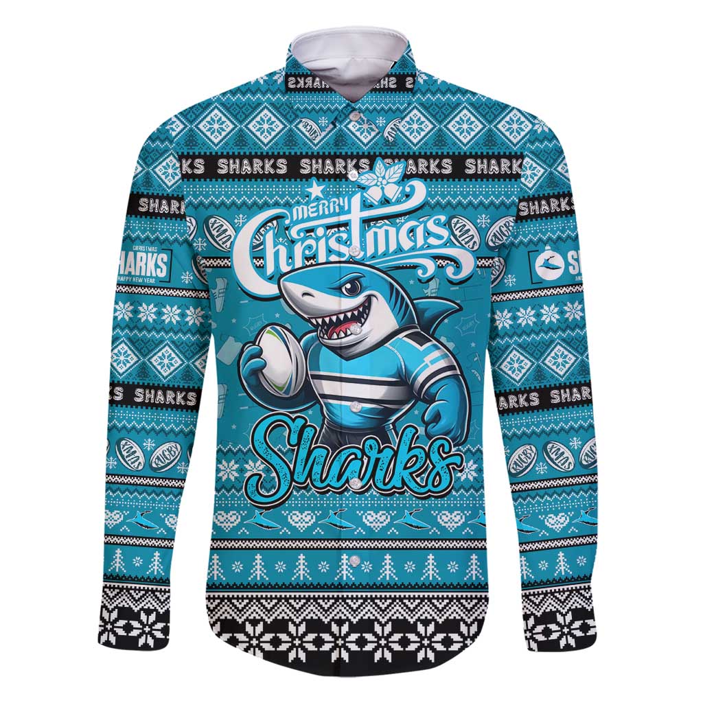 Personalized Sharks Rugby Xmas Family Matching Off Shoulder Maxi Dress and Hawaiian Shirt Australia NRL Mascot