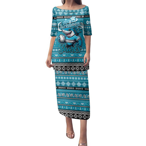 Personalized Sharks Rugby Xmas Family Matching Puletasi and Hawaiian Shirt Australia NRL Mascot