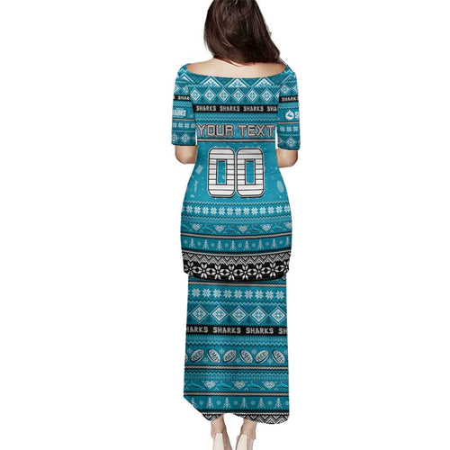 Personalized Sharks Rugby Xmas Family Matching Puletasi and Hawaiian Shirt Australia NRL Mascot