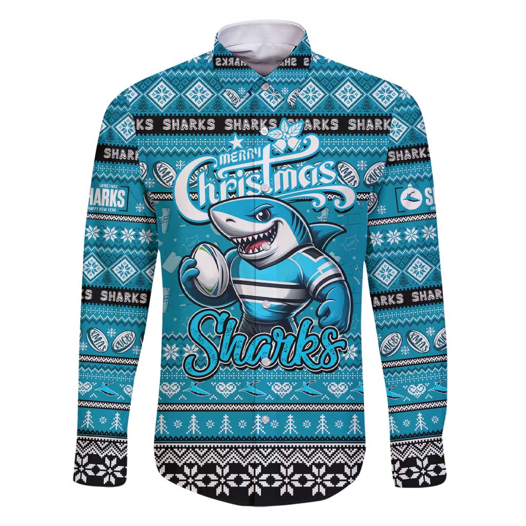 Personalized Sharks Rugby Xmas Family Matching Short Sleeve Bodycon Dress and Hawaiian Shirt Australia NRL Mascot