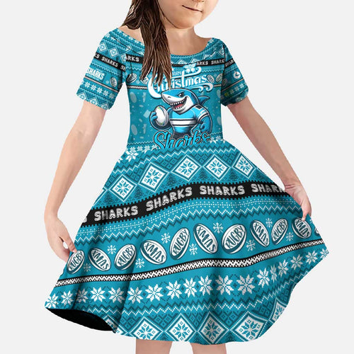 Personalized Sharks Rugby Xmas Family Matching Summer Maxi Dress and Hawaiian Shirt Australia NRL Mascot