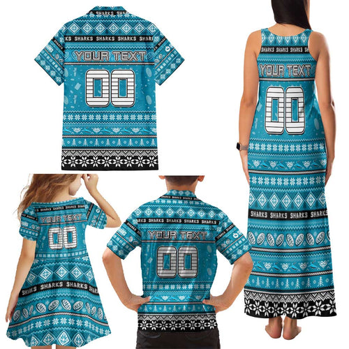 Personalized Sharks Rugby Xmas Family Matching Tank Maxi Dress and Hawaiian Shirt Australia NRL Mascot