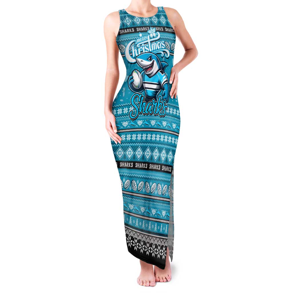 Personalized Sharks Rugby Xmas Family Matching Tank Maxi Dress and Hawaiian Shirt Australia NRL Mascot