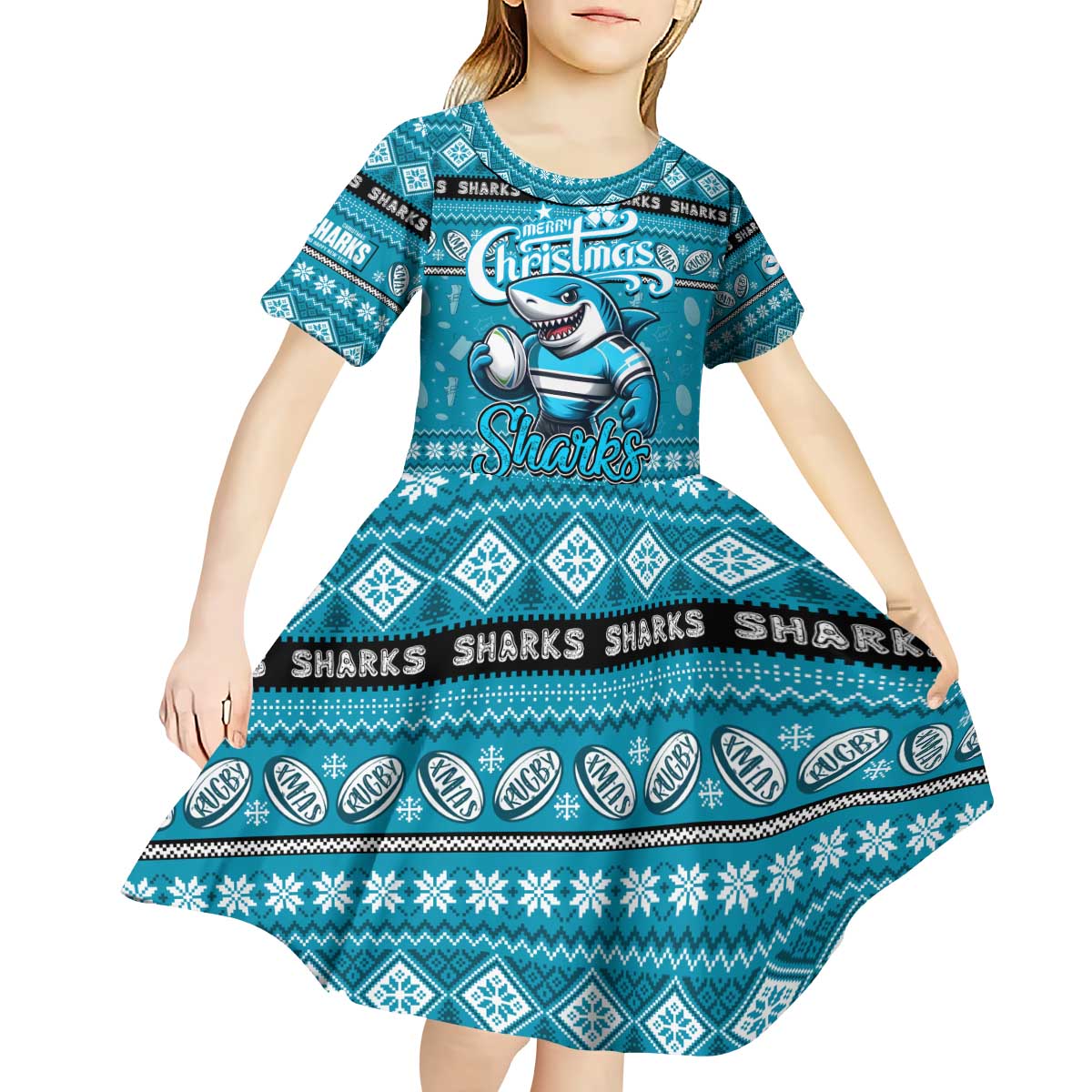 Personalized Sharks Rugby Xmas Kid Short Sleeve Dress Australia NRL Mascot
