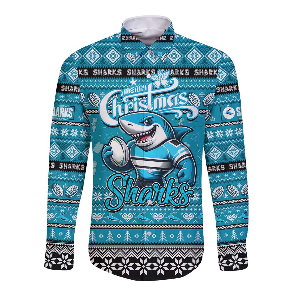 Personalized Sharks Rugby Xmas Long Sleeve Button Shirt Australia NRL Mascot